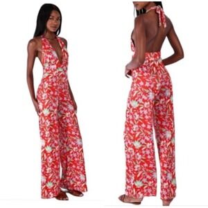 RESA Women's S Halter X Revolve Baja Jules Jumpsuit Red Floral Wide Leg Boho NWT